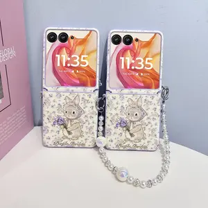 PU Leather Rabbit Pattern Gold Stamped Magnetic Protective Smartphone Case, Cellphone Protector Casing with Wireless Charging Support, Hard PC Backplate for Motorola Razr 2024, Razr 2025, Razr 2026, Razr 50, Razr 60, Razr 70