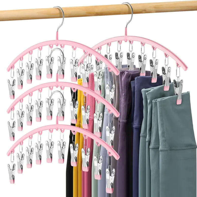 Leggings Storage Organizer for Closet, Metal Yoga Pants Hanger 1 Piece Set with 10 Clips, Holds 10 Pairs of Leggings Space Saving Hanging Closet Storage Organizer with Rubber Coated Closet Organizer and Storage Space, Pink