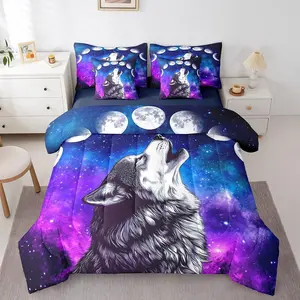 Howling Wolf Comforter Set with Sheets,Blue Purple Starry Sky Galaxy 7 Piece Bedding Set,Stars Exotic Moon Bed in a Bag,Western Wild Animal Bed Sets