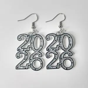 #265 "2026" Gold or Silver Glittery Earrings, New Year, Party, Acrylic