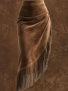 Women's Western Style Fringe Hem Suede Skirt, Irregular Design Half-Sleeve Dress, Trendy Fashion for Women, Perfect for Casual Wear