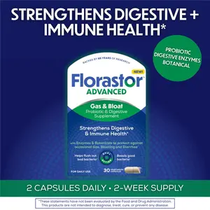 Florastor Advanced Gas & Bloat Probiotic Supplement for Adults - Vegetarian Capsules with Enzymes & Botanicals for Digestive & Immune Healthcare Support