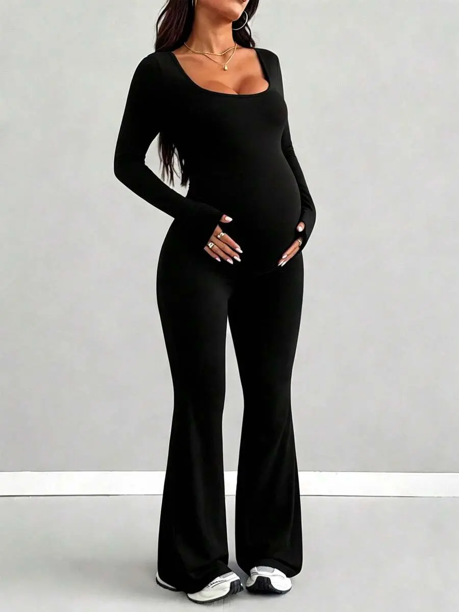 NANCY Maternity Long Sleeve Jumpsuit, Tight & Comfortable Casual Outfit, Suitable For Sports, Dates, Daily Wear, And Halloween Black Spring