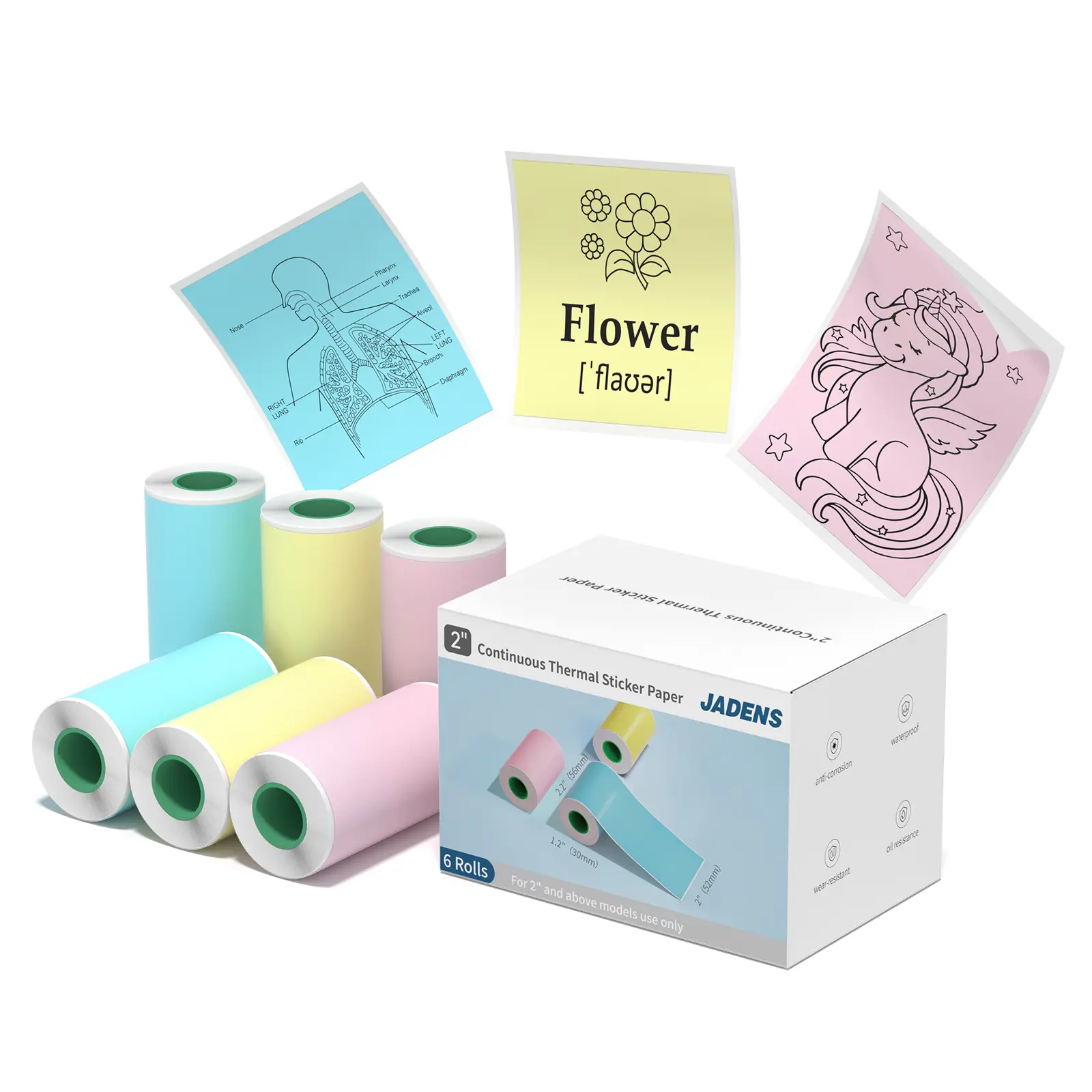 Jadens Self-Adhesive 2-in Sticker Paper & Resilient Thermal Paper with Legible Printing, Rugged Adhesion for JD21 Pocket Printer