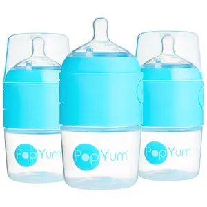 PopYum 5oz Anti-Colic Baby Bottle for Breast and Formula Feeding, 3-Pack, Blue, #1 Slow Flow Nipples