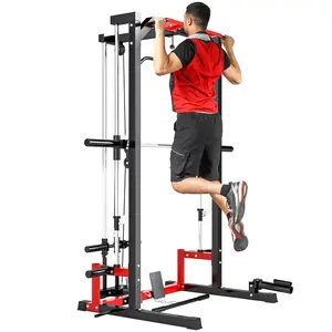 Soozier Power Cage Smith Machine, Multi-Function Power Rack with Pull Up Bar, Lat Pull Down System, Squat Rack, Barbell Bar, Landmine Attachment, Plate Storage Posts for Home Gym