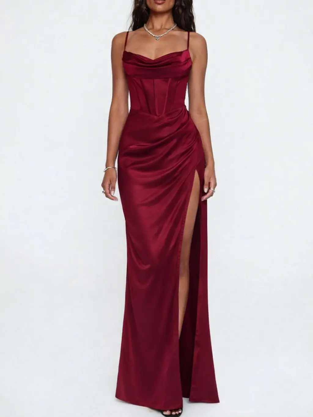 ROSEGALETTE Women's Satin silk Spaghetti Strap Cowl Neck Corset Gown - women dresses for summer Elegant Maxi Clothes with Lace-Up Backless Design, High Slit for wedding guest dresses Evening Events Dresse Gowns, prom dress grad dresses backtoschoolshoppin