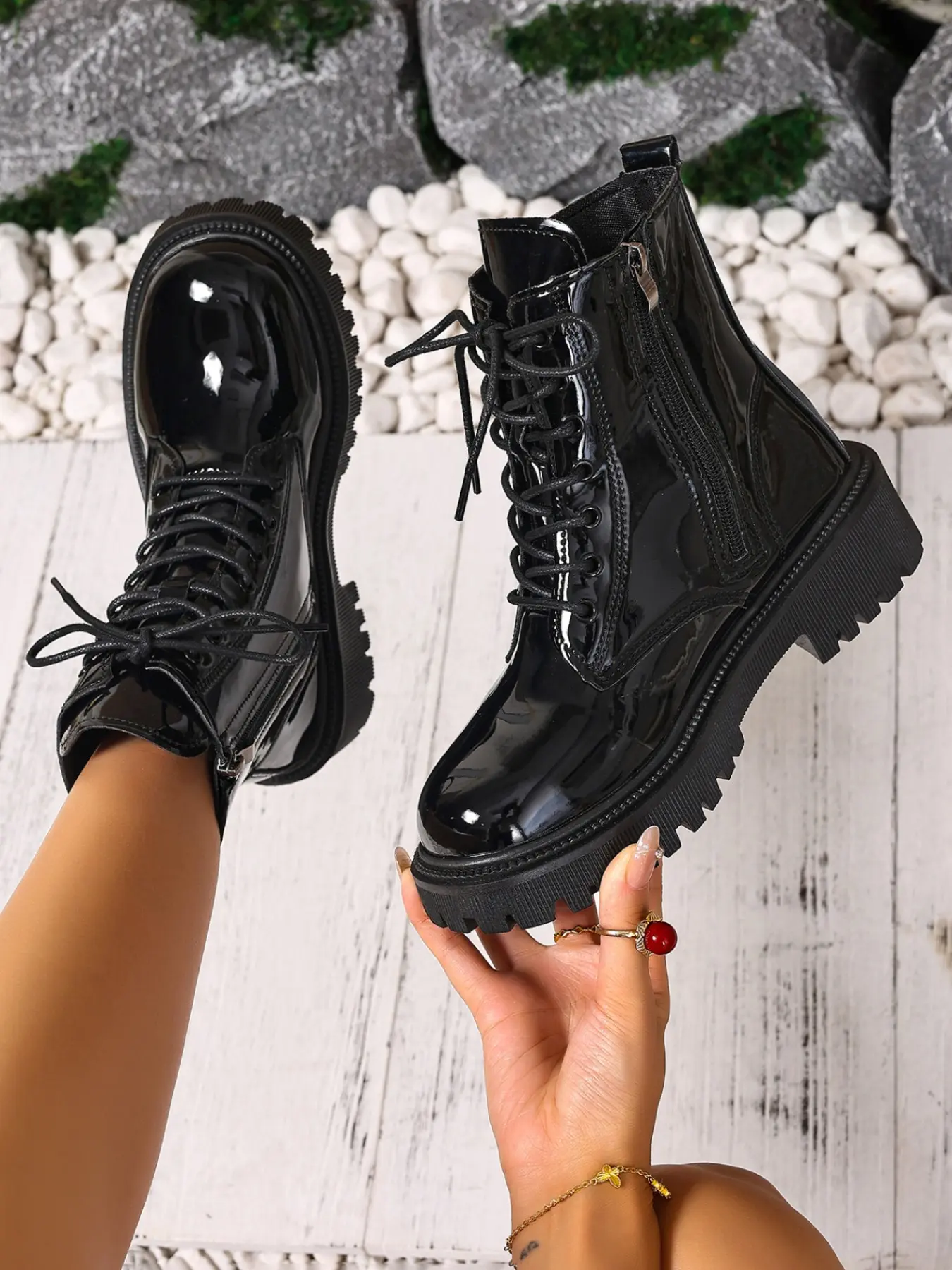 Women's Punk Gothic Zipper Motorcycle Biker Fashion Boots, Lace-Up Design, Multiple Colors Available, Casual Outdoor Wear, Fall & Winter, Footwear