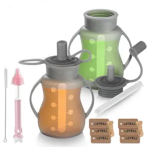Reusable Baby Food Pouches with Straws for Toddlers, 2 Pack Silicone Baby Food Squeeze Pouches Refillable for Kids,Leakproof, Dishwasher & Freezer Safe, Perfect for Homemade Puree (Grey)