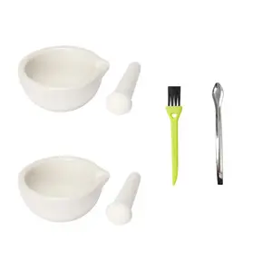 2.4 inch Ceramic Mortar and Pestle Set, 2 Pieces, Spice Mill Grinder Bowls, Pill Crushers with Brush and Spoon, Handheld Seasoning Mills