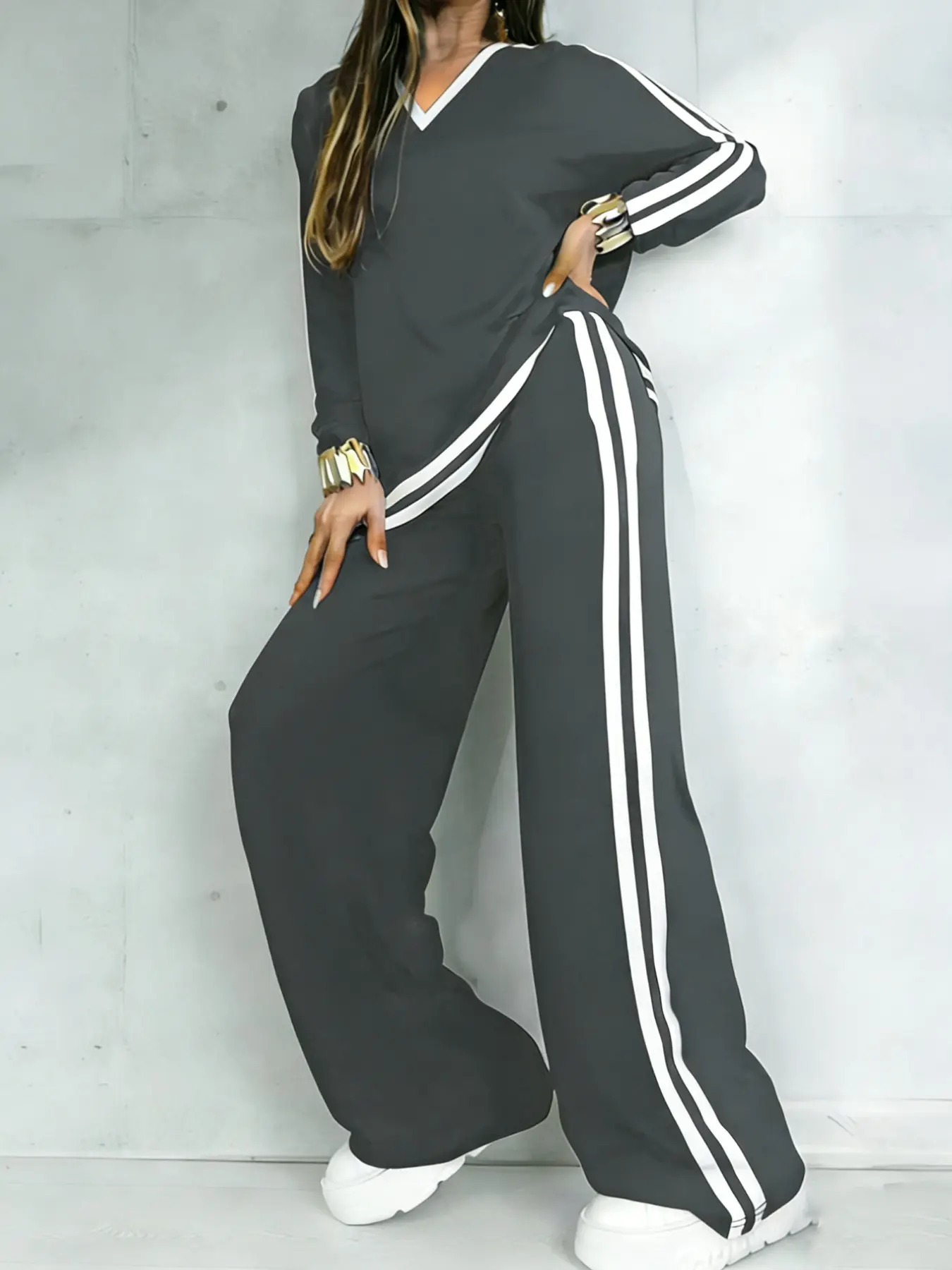 Women's Casual Sportswear Set, Loose Sweatsuit Workout Sets, Gym Outfits, Plain Color V-Neck Long Sleeve T-Shirt & Striped Pants, Spring Summer Two-Piece Outfit, Fitness Wear, Outdoor Activewear