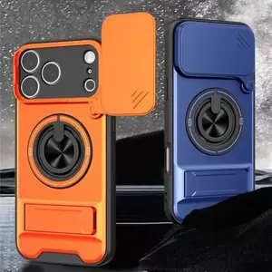 3-Piece Smartphone Accessory Set [1 Cellphone Casing + 2 Screen Protectors] - Deluxe Multifunctional Creative Sliding Window Rotating Ring Holder, Magnetic Wireless Charging, Shockproof Lens Protection Case for iPhone 17,16,15,14,13,12,11 Pro Max Plus