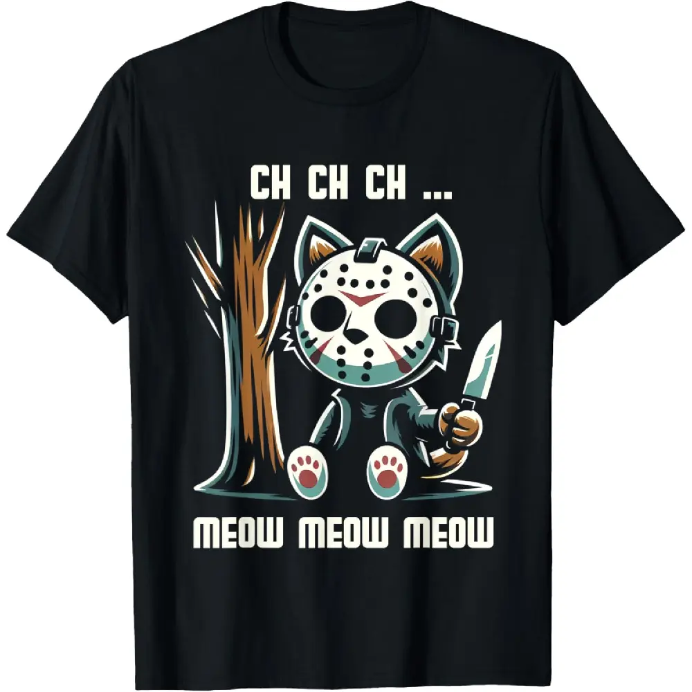 Vintage Horror Cat Graphic T Shirt Unisex 100% Cotton Tee Spooky Meow Kitten Animal Print Casual Shirt