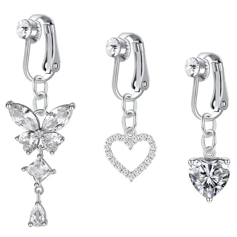 Women's Cute Rhinestone Decor Fake Belly Rings Carabiner Jewellery Belly, 3pcs/set Butterfly & Heart Design Belly Jewelry without Piercing Fake Piercings, Fashionable Body Jewelry for Women & Girls As Birthday Gift