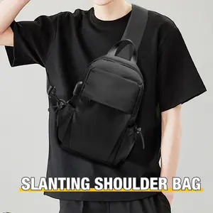 Small Black Sling Crossbody Backpack Shoulder Bag for Men Women, Lightweight One Strap Back Pack Sling Bag Backpack for Hiking Walking Biking Travel Cycling USB Charger Port-Nylon