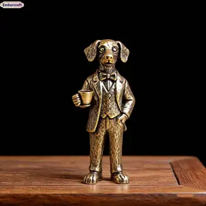Vintage Brass Copper Dog Sculpture Retro Mini Animal Figurine Handcrafted Tea Pet Ornament for Home Desk Shelf Decor Unique Brass Craft Collectible Figurine for Living Room Office Tea Table Decoration