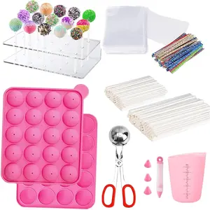 605Pcs Cake Pop Kit, Silicone Lollipop Molds Including Lollipop Sticks, Measuring Cup, Treat Bags, Twist Ties, Decorating Pen, Round Mold, Handled Meat Baller, Candy Display Stand Holder