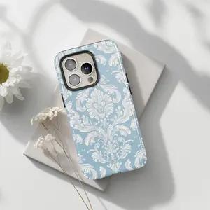 Elegant Blue Damask Phone Case | Vintage Royalcore Coquette Bridgerton Aesthetic Cover for IP Phone 16 15 14 13 12 11 Pro Max Plus Mini 8 7