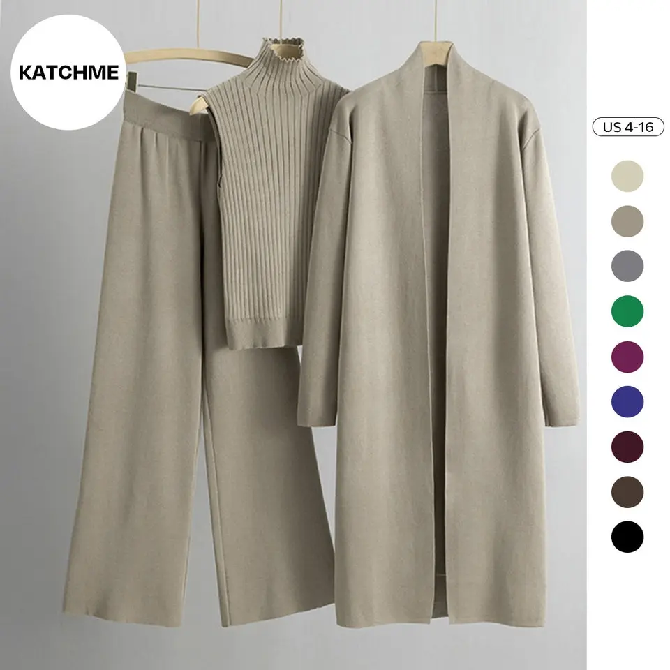 KatchMe Women's Minimalist Solid Color Turtle Neck Tank Top & Wide Leg Trousers with Long Cardigan Three-Piece Set, Comfortable Womenswear Co-ord Set