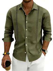Men's Linen Long Sleeve Shirt, Breathable, Plain, Ethnic Style, Loose Fit, Casual Vacation Commute, Knitted Turn-Down Collar, All Seasons