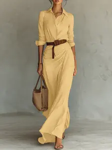 Women's Fashion Solid Color Lapel Long Sleeve Long Dress, Casual Style Spring & Fall Clothing, Raised-Fiber Surface, Unlined Design