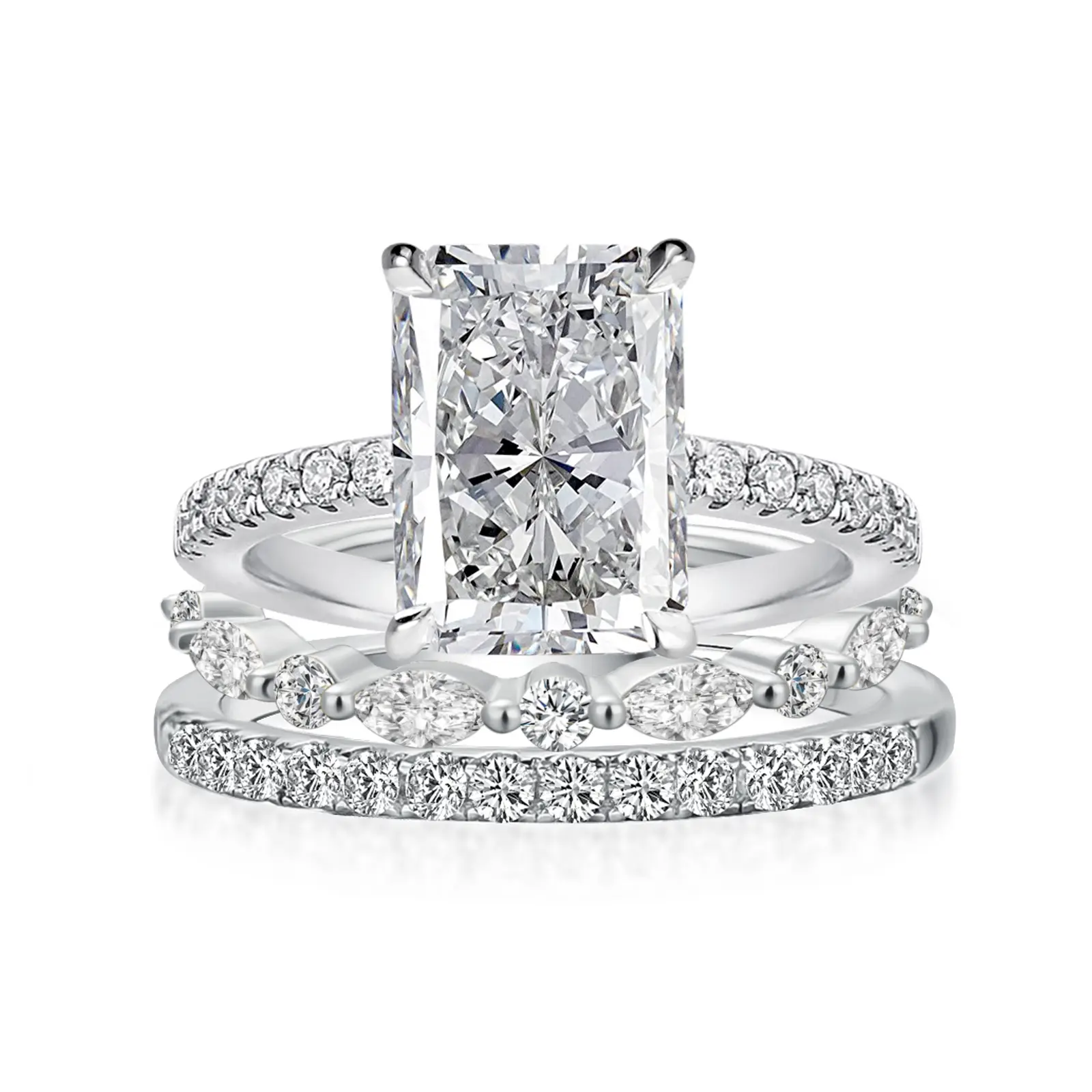 MAXINEJEWELRY Lab-Created 3.5ct Radiant Cut Moissanite 3PC Women's White Gold Plated Engagement Ring Set - Bridal Wedding Jewelry for Proposal, Anniversary, Engagement Rings