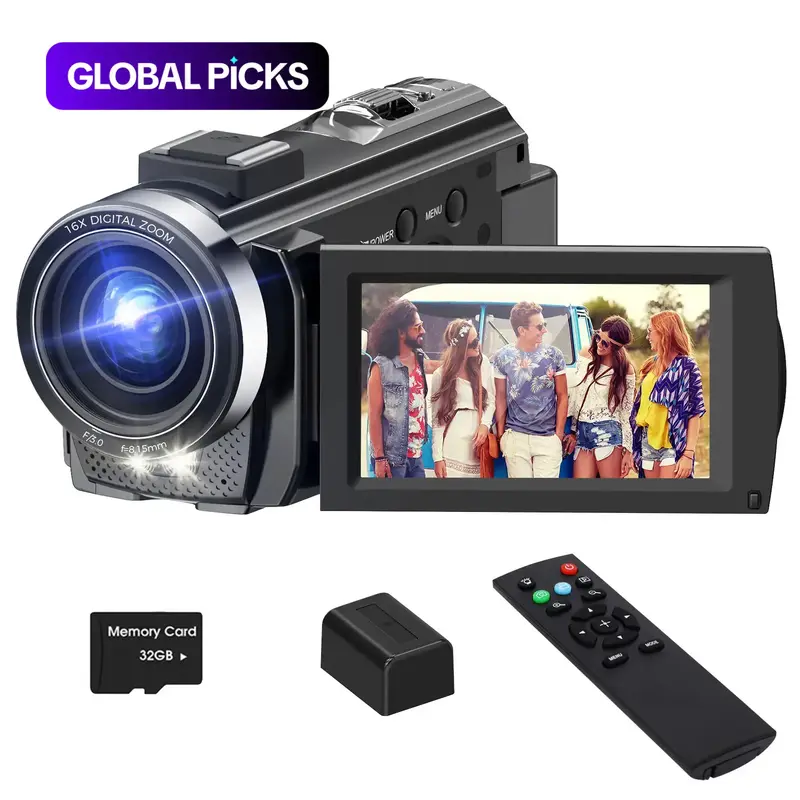 【Black Friday】DVC Camera, Full HD 1080P Portable Camcorder with 3-Inch TFT LCD Screen, 270° Rotating Display, Remote Control & 32GB Memory Card, Vlogging Camera #GLOBAL PICKS