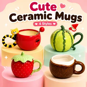 UFORU Cute and Creative Ceramic Mug Set, Strawberry/Watermelon/Coconut/Panda Coffee Cup with Lid/Straw/Spoon, Ceramic Cup Home, Microwave Dishwasher for Office Use, Instagram Style Cute Girl Gift