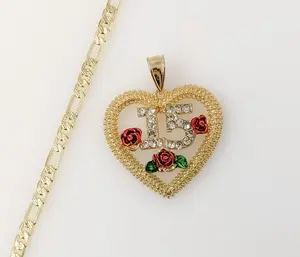 Plated Heart "My 15" Quince 4mm 14K Diamond Cut Figaro Chain Necklace