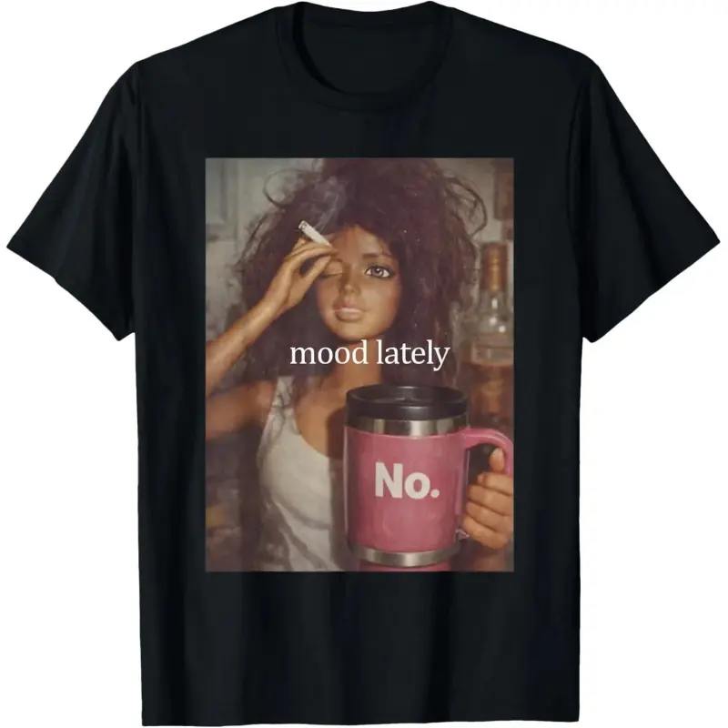 Women's Chic Elegant Short-Sleeve Casual Streetwear Shirt, Mood Lately Funny Distressed Doll Face Meme Top, Women's Clothes Gifts for Her, Apparel, Lady, Shortsleeve, Fabric, Printed, Fitted, Childrens Day, Chinese New Year