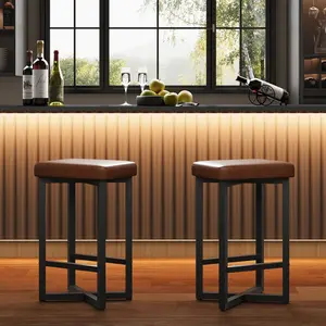 Bar Stools Set of 2 24.6 inch Counter Height Backless Barstools Upholstered PU Leather Seats with Metal X-Frame Footrest Modern Kitchen Stools for Home Bar Dining Room Brown