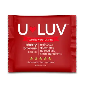U-LUV Cherry Brownie Cookie 4 Pack: Deep chocolate brownie flavor with real cherry notes. Soft, indulgent, and perfectly balanced - never artificial. Gluten-Free • Top 14 Allergen-Free • Seed Oil-Free • No Food Dyes • No Preservatives
