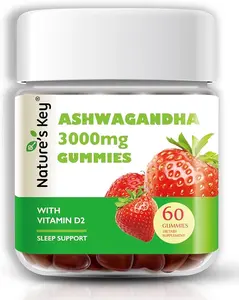 Nature's Key Ashwagandha Gummies, 3000mg High Potency Ashwagandha Root Extract with Vitamin D2, Stress, Calm Mood & Cognition, for Men & Women, Strawberry Flavor (60 Count (Pack of 1)
