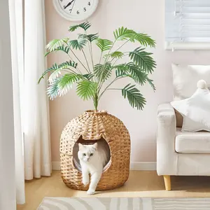 HOOBRO Rattan Plant Cat House with Litter Box & Scoop, Large Cat Litter Box Enclosure, Odor Control Filter, Handwoven Litter Box Furniture with Decorative Plant, Real Stones, Natural #SummerVibes #petlovers