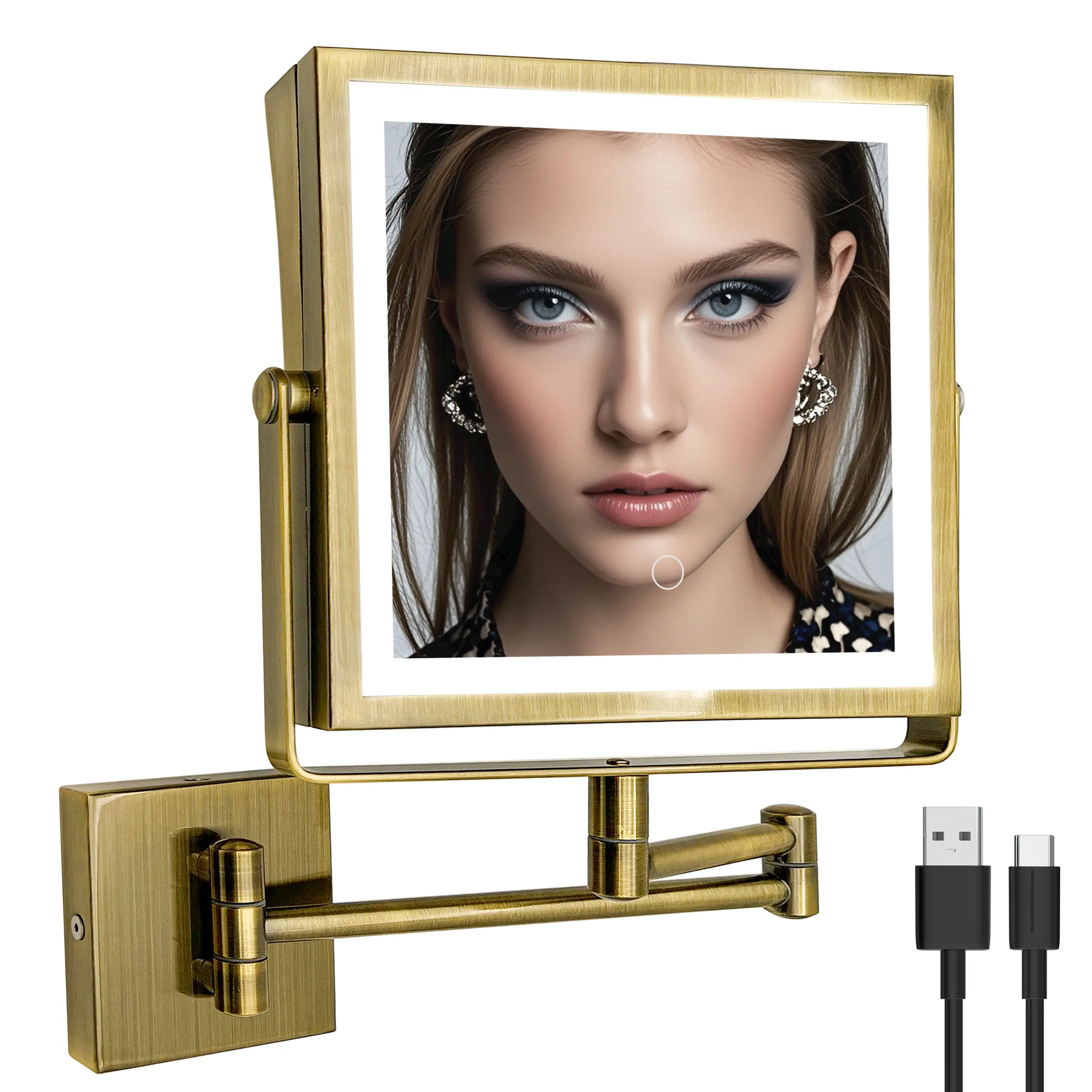 RUACQ Magnifying Makeup Mirror 10X Wall Mounted, 3 Color Lights, Antique Brass