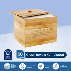 Clean Skin Club Luxe Bamboo container with Cover, includes 50 Clean Towels® XL Original disposable face towels