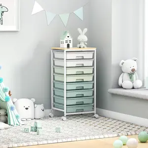 Rolling Storage Utility Cart Organizers with 8 Drawers and Wooden Tabletop for Living Room,Office,Classroom,Craft Room,Bedroom,Dorm,Green
