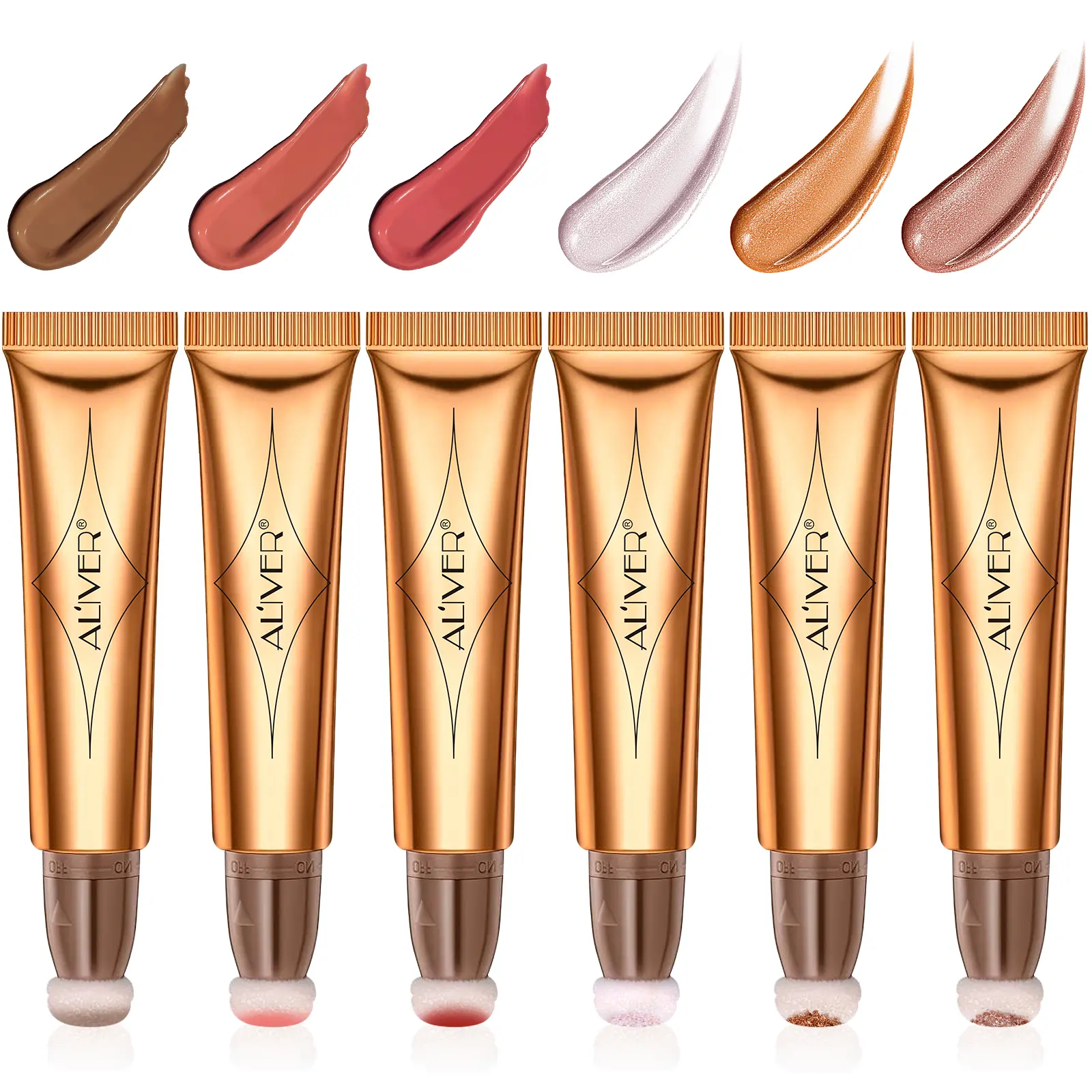 ALIVER Multifunctional Cosmetic Makeup Wand Set (6 Colors) - 75g Isoparaffin Base Contouring Bronzer, Liquid Highlighter, All-Day Illuminator with 3 Integrated Brushes for Brush-Tip Application