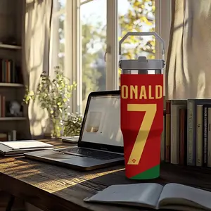 30oz Ronaldo 7 Portugal National Team Vacuum Insulated Tumbler, Double Wall Stainless Steel Travel Cup with Handle, Insulated Cups, Insulated Drinkware, Soccer Legend Number 7 Design, Perfect Gift for Ronaldo Fans, Portugal Supporters, Soccer Enthusiasts