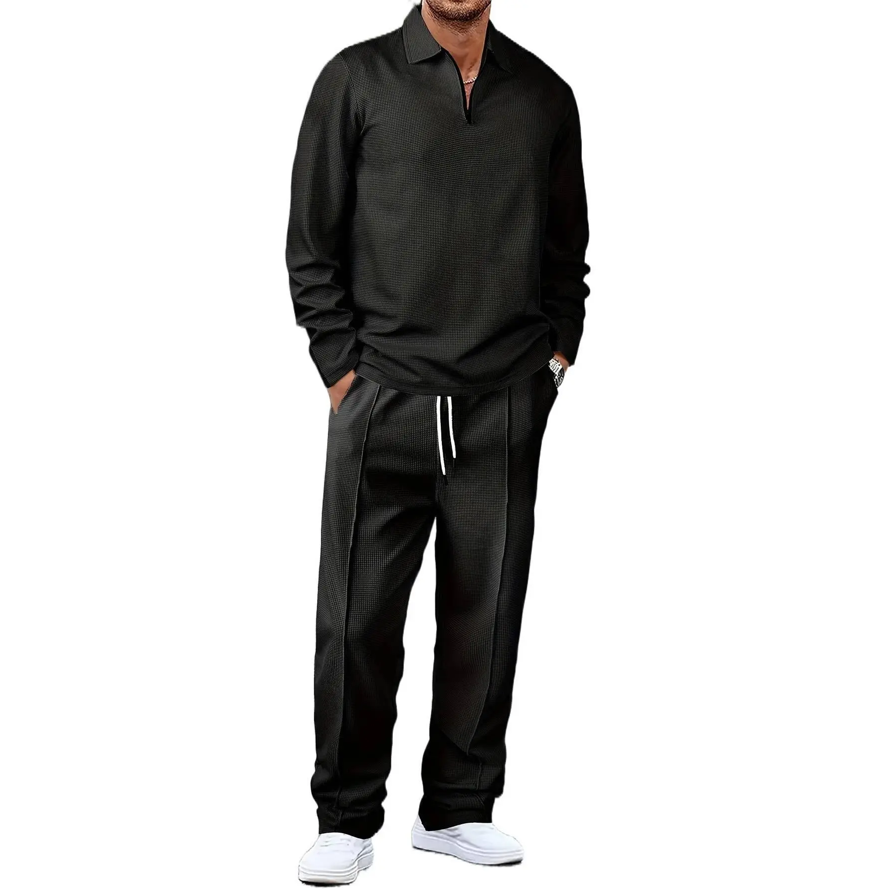 Men's 2-Piece Waffle Knit Tracksuit - Menswear for Male, Casual Long Sleeve Half-Zip Lapel Pullover & Solid Regular Fit Pants, Synthetics Semi-Sheer Polyester-Spandex-Elastane Knit, Dry Cleanable, Hand Washable