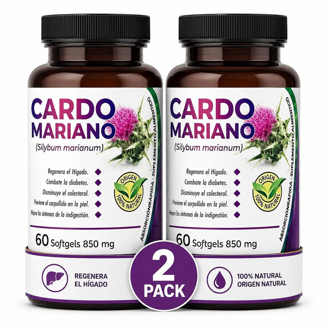 2 Pack Cardo Mariano 60 Capsulas Blandas – Cardo Mariano Suplemento natural – 60 capsulas blandas Silybum marianum -Milk Thistle