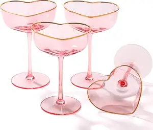 Pink Coupe Glasses Set of 4 - Heart-Shaped Martini Glasses with Golden Rim, 8oz Durable Drinkware for Wedding, Mothers Day, Birthdays, Anniversary