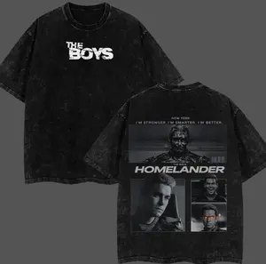 Retro The Boy Season 5 - Homelander V2 Graphic Tee Washed – Double Sided Print Oversized Acid-Washed Heavyweight Cotton T-Shirt – Unisex Comics Tee, Perfect Gift for Comic Fans and Lovers Menswear Tops