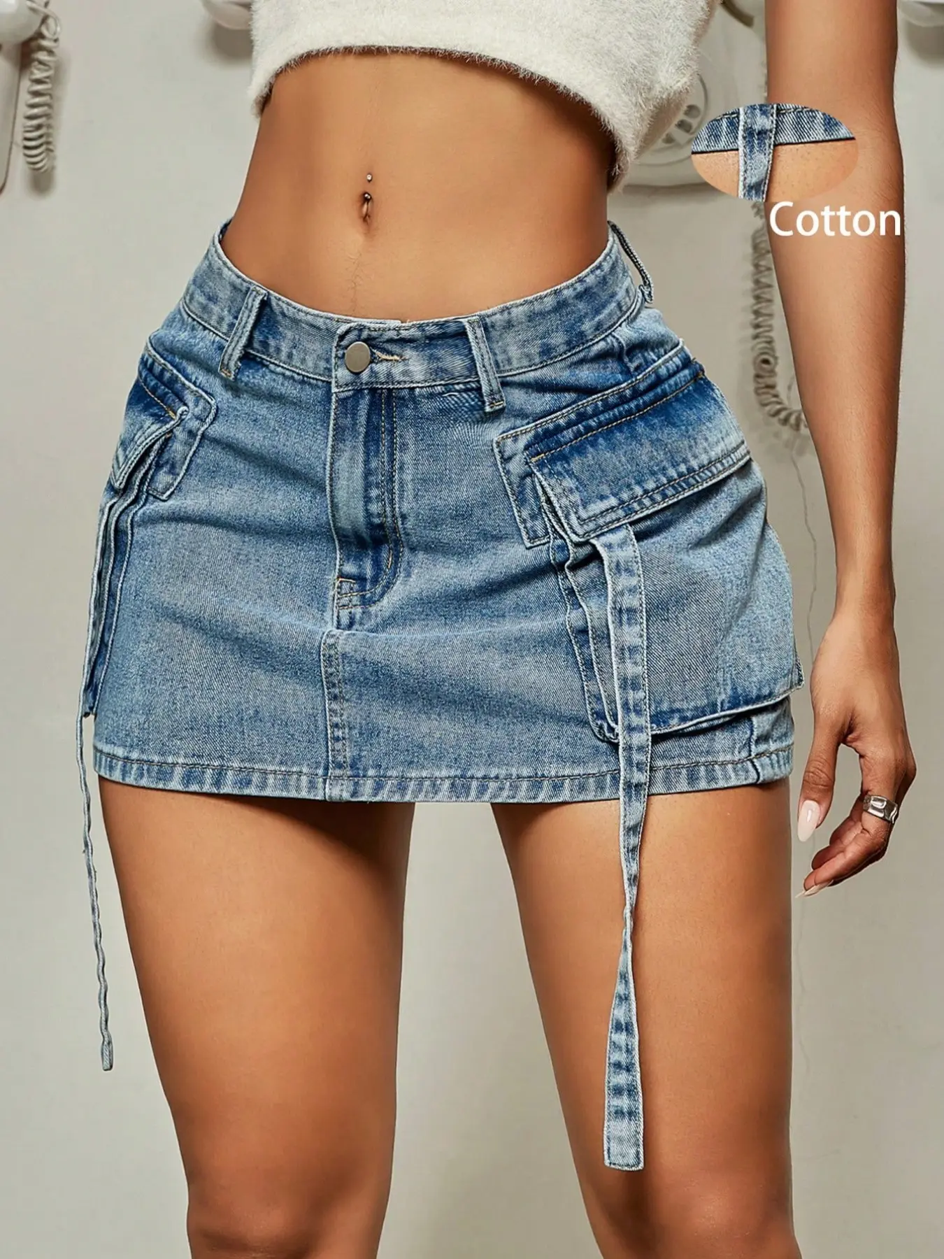Women's Y2K Street Flap Pocket Tape Detail Cargo Denim Mini Skirt Summer Hottie Outfit, Flap Pocket Design, Fashion Casual Everyday Daily Wear, Stylish Streetwear, Bottom