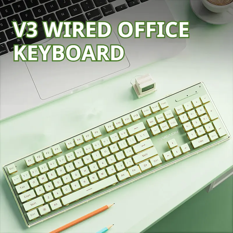 EWEADN V3 Wired Keyboard Key Rollover Aluminum Alloy Panel ABS Keycaps Single Color Backlight Fixed Cable Non-Detachable Design Flat Layout Durable Build for Office and Gaming