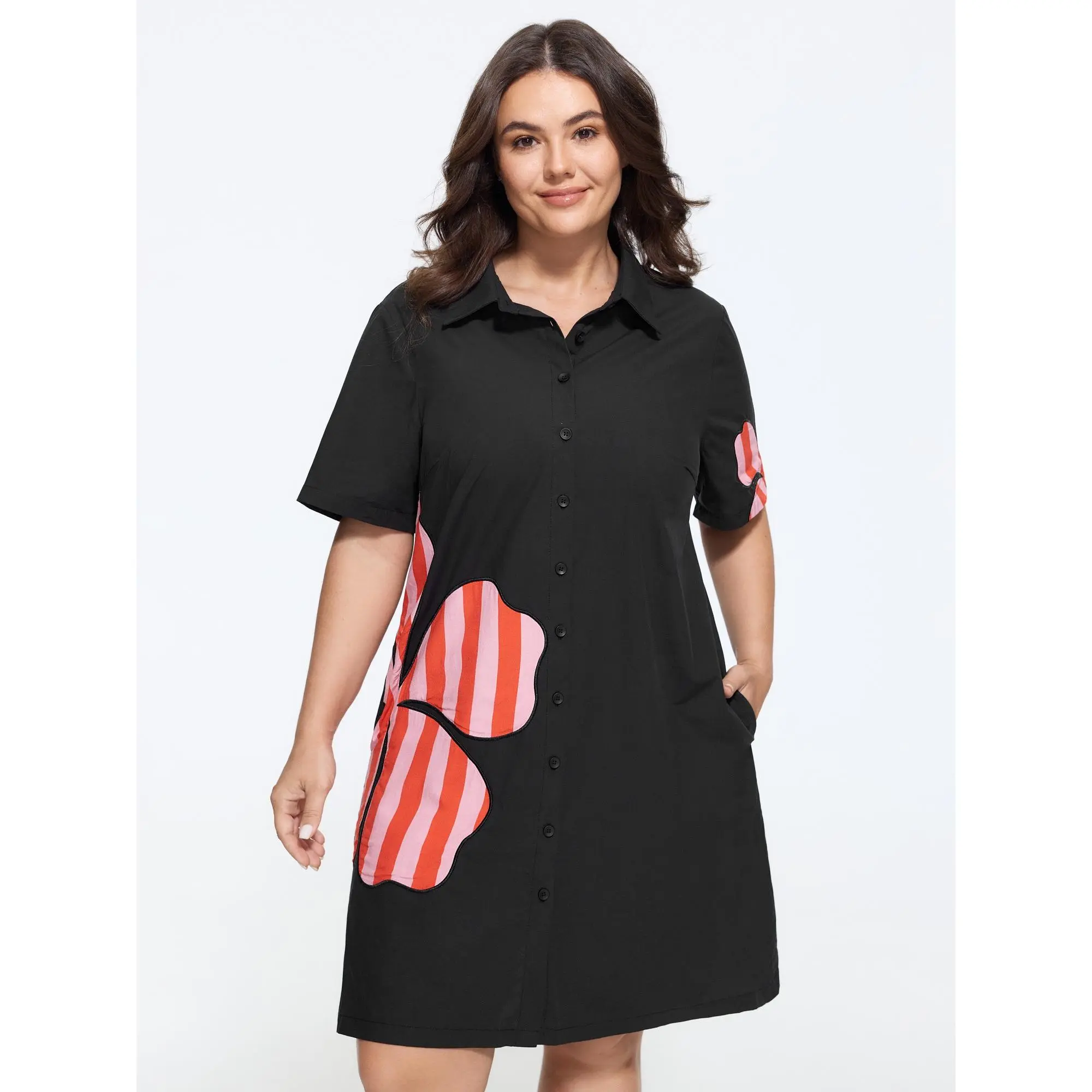 BLOOMCHIC Plus Size Cotton Floral Applique Short Sleeve Mini Dress[M-6X] Back To School,Fall Pick, Smooth, Garment