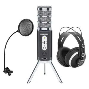 Samson Satellite USB/iOS Broadcast Microphone with Dual 16mm Condenser Capsules, Bundle With Samson SR350 Over-Ear Stereo Headphones, H&A Pop Filter with Gooseneck