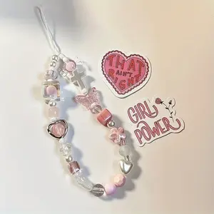 Chic Pink Sakura & Heart Beaded Phone Charm Strap - Y2K-Inspired Kawaii TPU Lanyard with Crystal Butterfly & Floral Accents, Perfect for iPhone, Cameras, Keys - Ideal Gift for Women and Girls, Phone Wrist Strap
