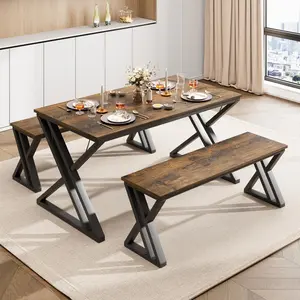 Space-Saving 44.8" Dining Table Set with Benches for 4 – Sturdy Rectangular Metal Frame – Modern Kitchen & Dining Room Furniture – Ideal for Apartment, Studio, or Kitchen