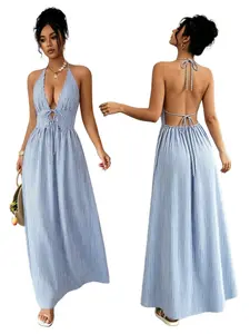 Women's Romantic Vintage Chic A-Line Maxi Striped Dress, Backless Deep V Neck Long Dress, Casual Comfortable, Perfect for Spring Summer